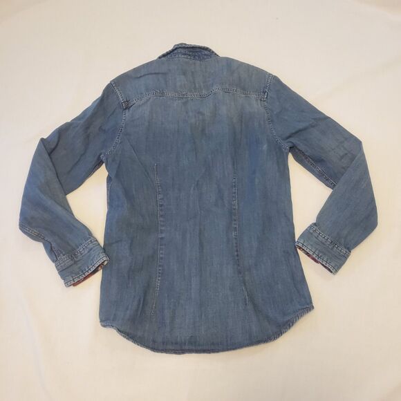 Zara Boys Sz 9/10 Chambray Denim Pearl Snap Button Up Western Holiday Plaid Trim - Picture 2 of 7